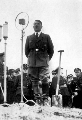 Adolf Hitler gives a speech at the ground breaking ceremony of the Reichsautobahn